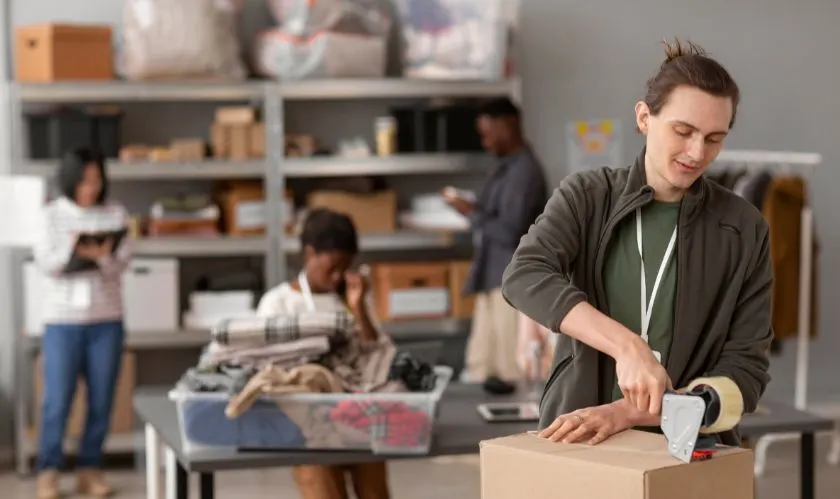 Warehouse worker picking and packing products for efficient fulfillment and business scaling.