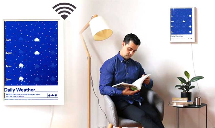 A screen-printed Weather Poster that connects with Wi-Fi